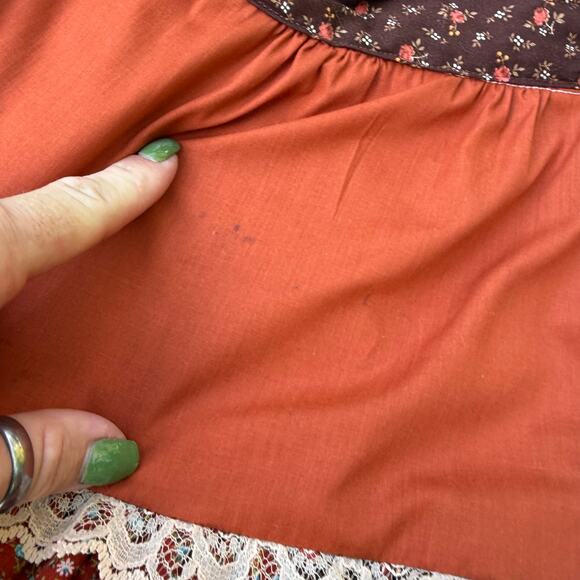 Vintage 70s 80s Orange Brown Calico Floral Ruffle Lace Circle Square Dance Skirt - Picture 7 of 8
